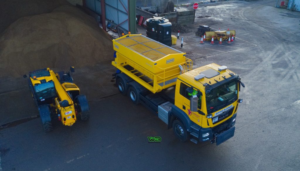 A Somerset Council gritter being loaded with grit salt at a depot in Yeovil.