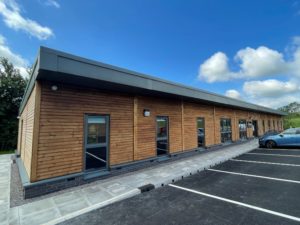 An outside view of the office units and allocated parking spaces.