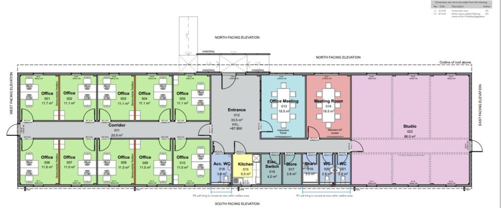 A floor plan of the office units. There are 10 offices, five either side of a central corridor. There is also a kitchen, three toilets, a shower, two meeting rooms and a studio space.