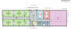 A floor plan of the office units. There are 10 offices, five either side of a central corridor. There is also a kitchen, three toilets, a shower, two meeting rooms and a studio space.