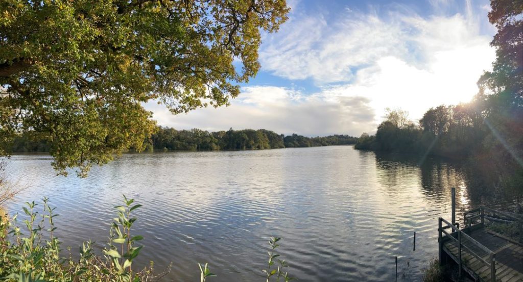 Landscape of Chard Reservoir, featruing water and trees.