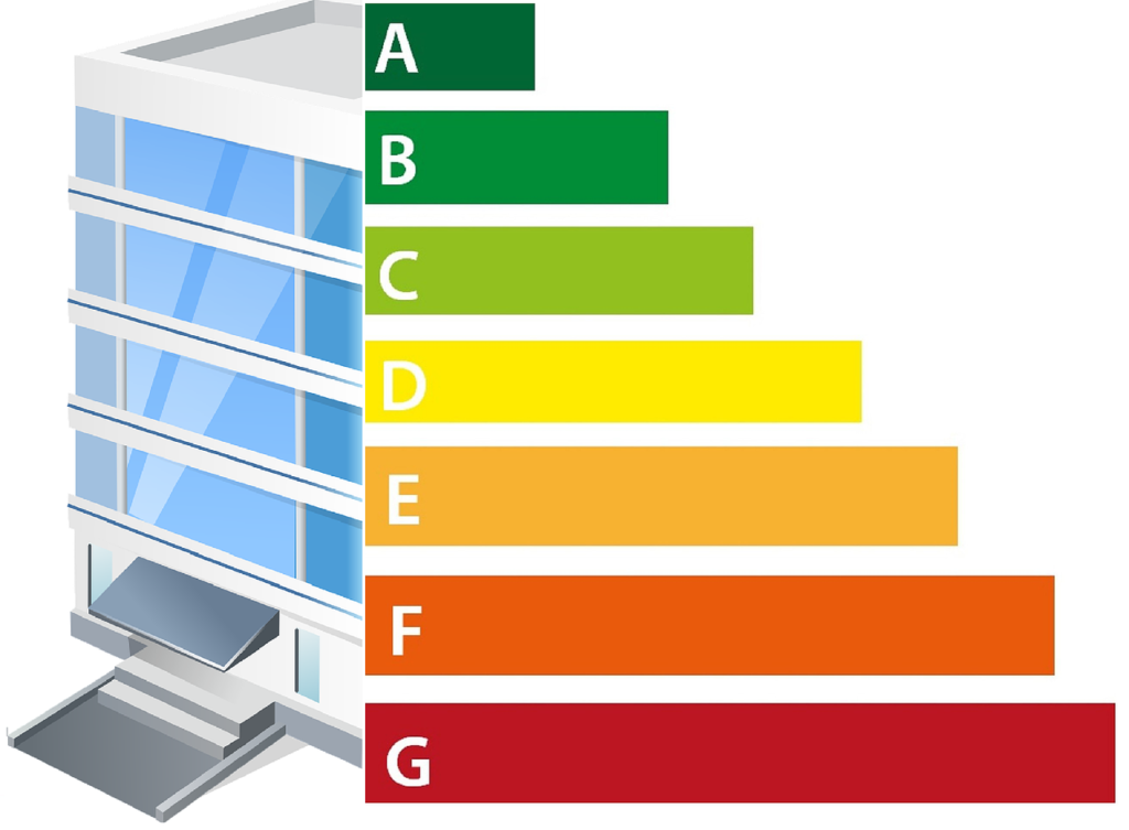 Stock illustration of a corporate building next to A to B energy rating bars by Yip from Pixabay.