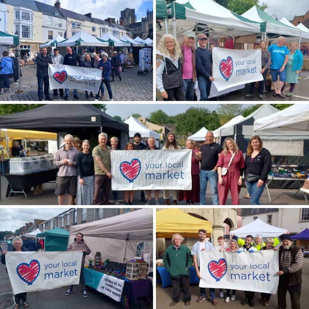 Collage of photos of market traders standing together at markets holding a Love Your Local Market banner.