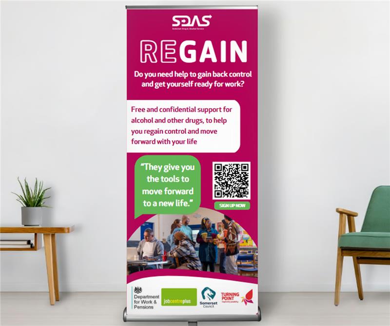 Neutral background with a chair and a potted plant. Pull up banner in the centre of the image advertises the SDAS service.