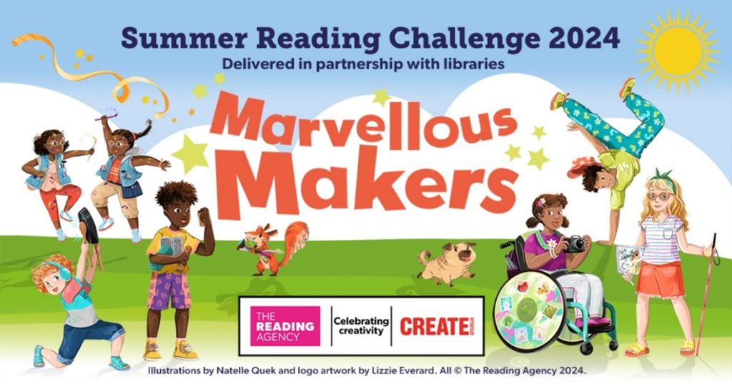 Graphic to illustrate the Summer Reading Challenge with children involved in activities