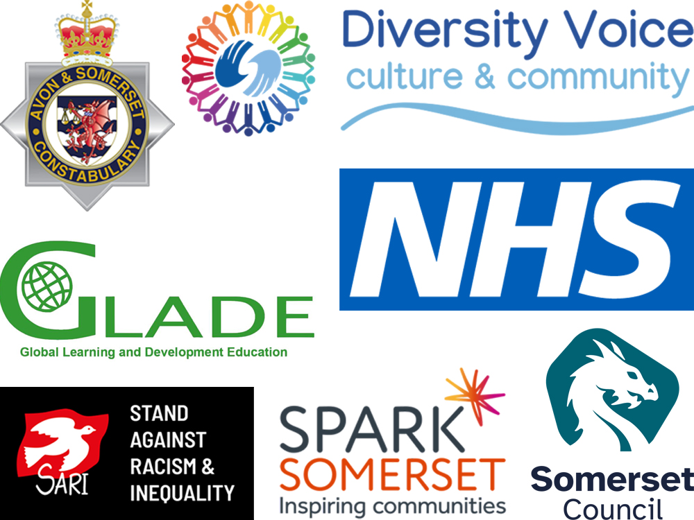 Collage of logos, including A&S Police, Diversity Voice, Glade, NHS, SARI, Spark Somerset and Somerset Council.