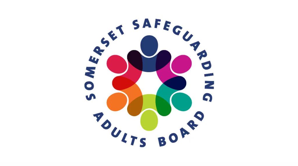 Somerset Safeguarding Adults Board logo. Depicts abstract human figures in different colours making up a circle with 'Somerset Safeguarding Adults Board' around the circle