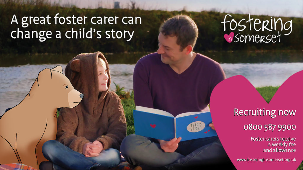 Advert featuring a cartoon bear, a boy and a foster dad reading to them by a river bank, captioned: 'A great foster carer can change a child's story'.