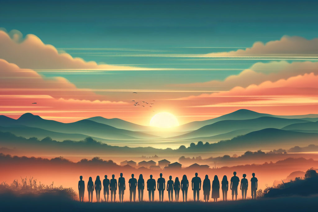 AI generated image of a serene, calming landscape, featuring a sunrise over a peaceful countryside with silhouettes of people standing together, symbolizing community support.