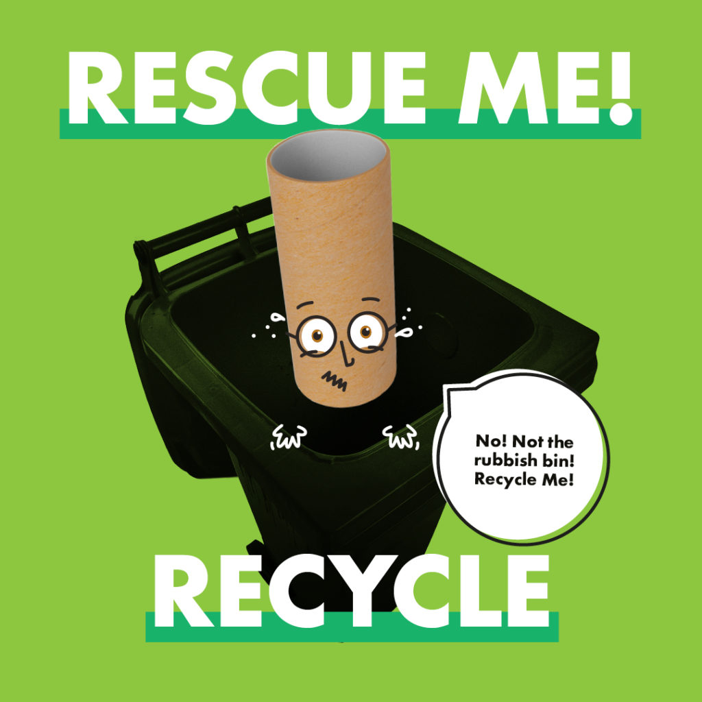 Recycle week graphic. Rescue toilet roll tubes from the bin.