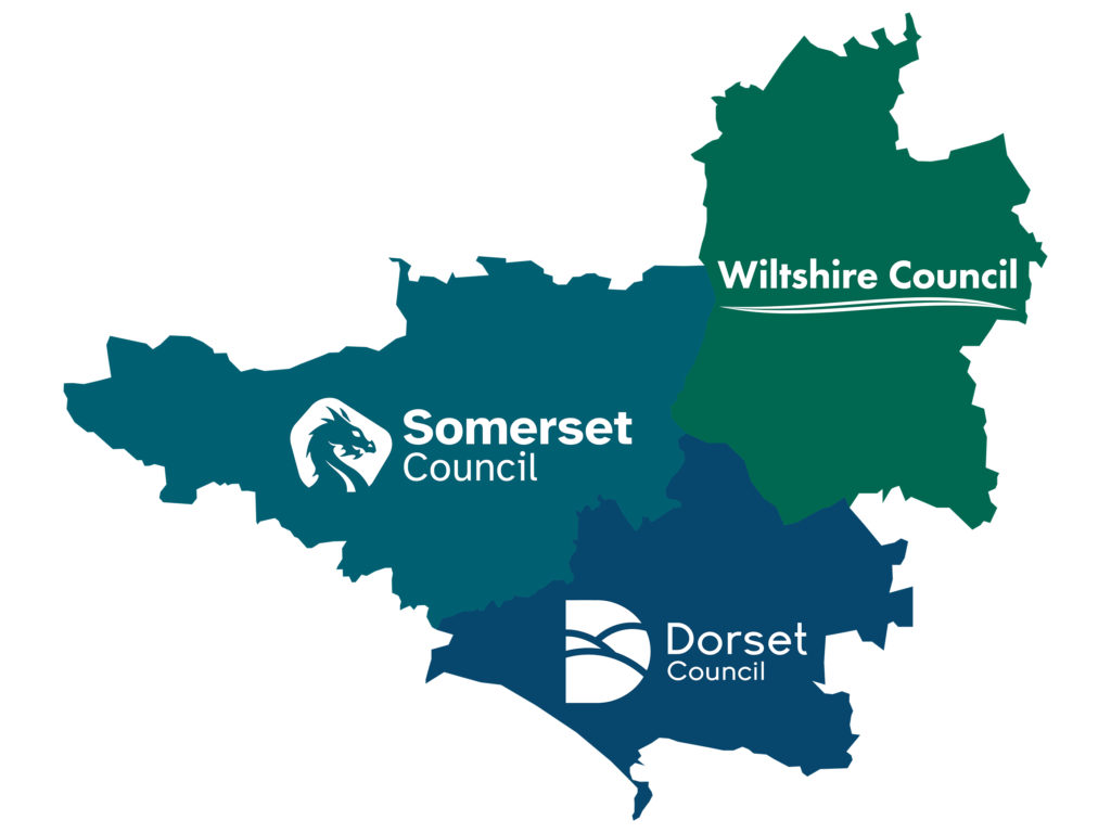 Map of county boundaries for Dorset, Somerset and Wiltshire on blue, teal and green background colours complete with each council's logo.