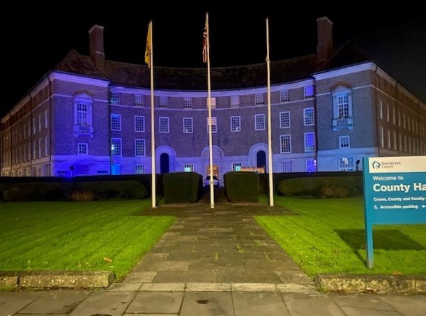 County Hall in Taunton lit up blue.