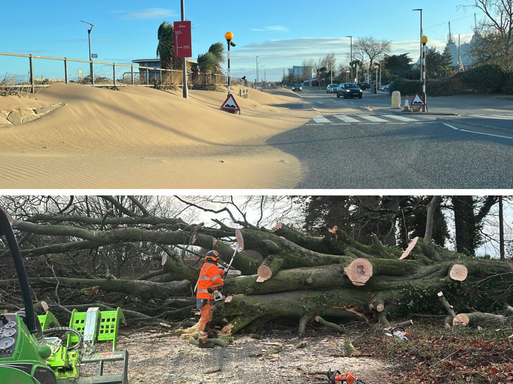 Dual image of sand drifts on Warren Road, Minehead (top) and an arborist using a chainsaw to cut branches from the trunk of a very large uprooted tree on the A367 (bottom).