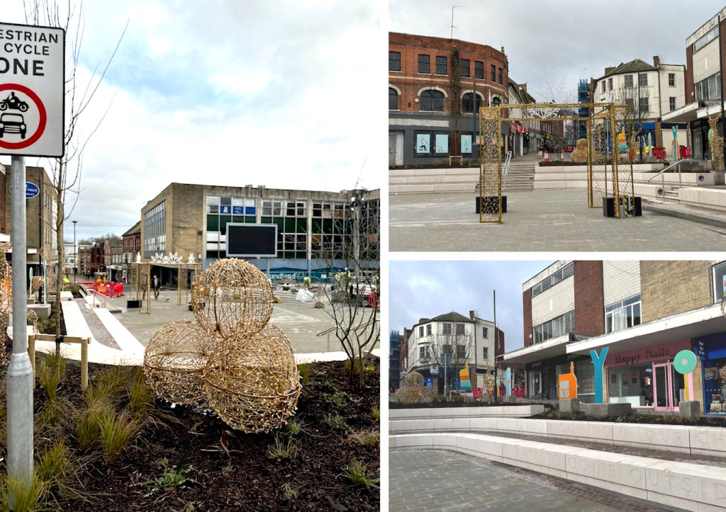 Trio of images featuring Yeovil Refresh's Amphitheatre Entertainment Space, 'The Triangle', at the eastern end of the town, complete with Christmas decorations.