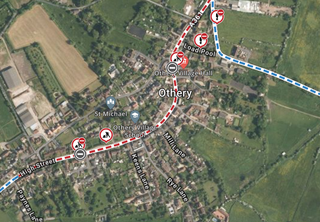 Aerial view map detailing the road works in Othery.