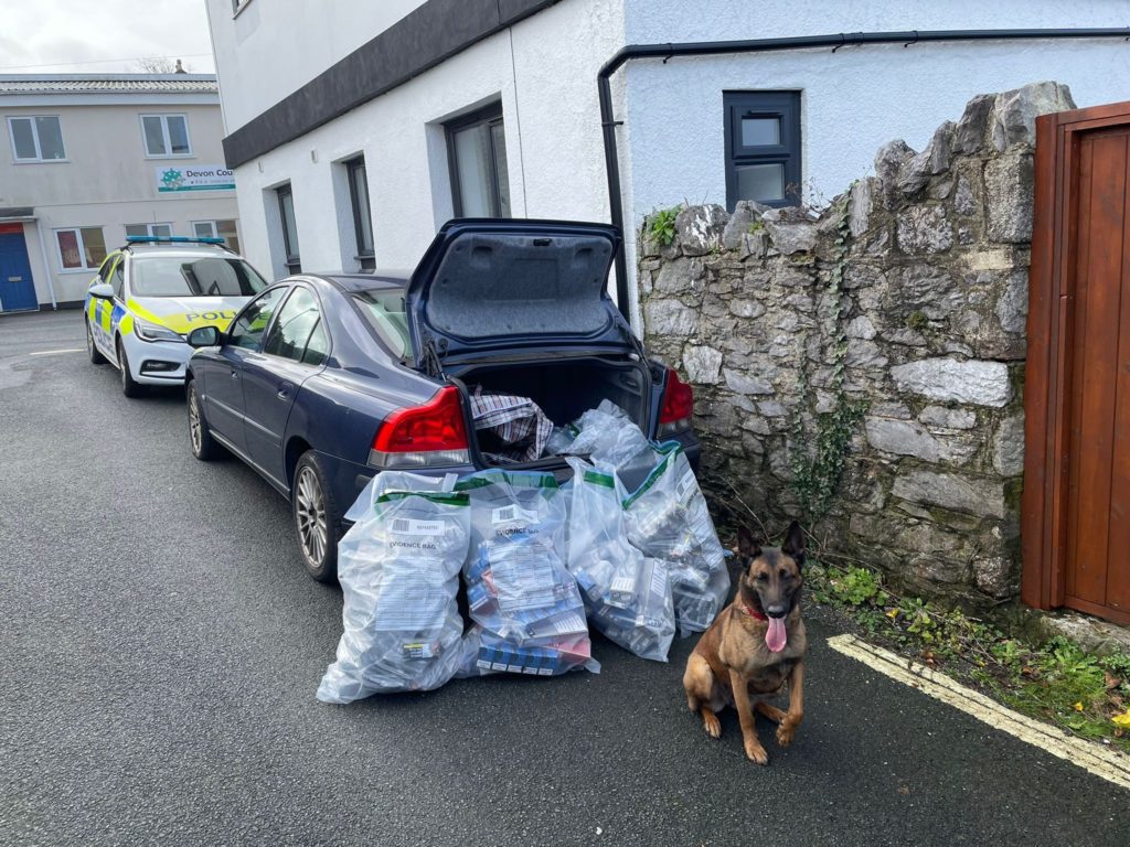 Evidence bags containing illegal tobacco, vapes and cash propped up outside an open boot of an unmarked car, with a German Shepard sniffer dog sitting in front.