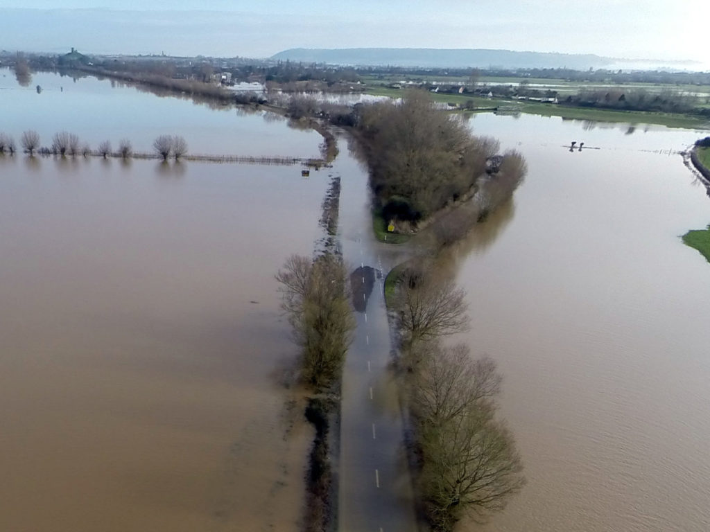 Flooding in and around the Somerset levels in the UK.