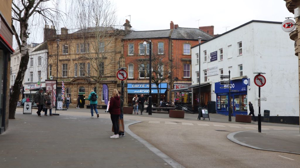 North facing view of The Borough in Yeovil showing the pedestrianised zone and bus route