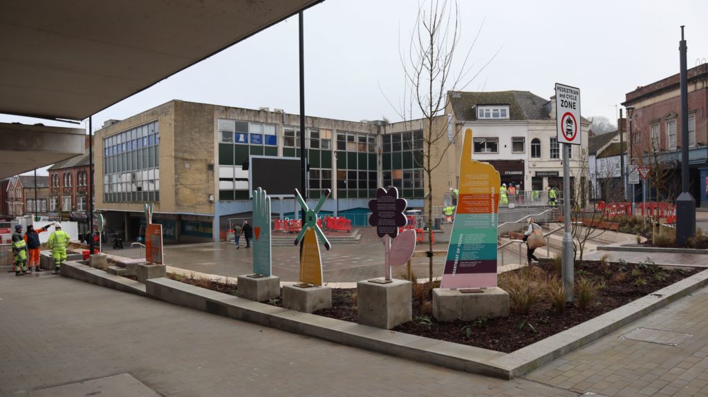 Yeovil Triangle is a large pedestrianised zone with built in tiered seating on two sites.