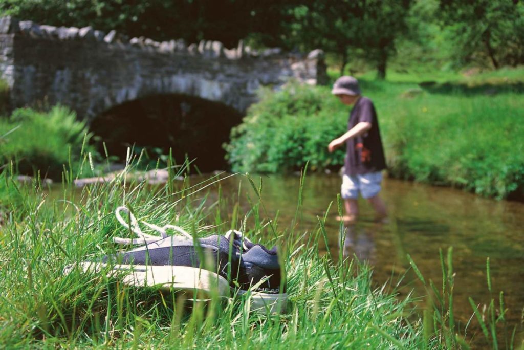 young person paddling in river on a sunny day