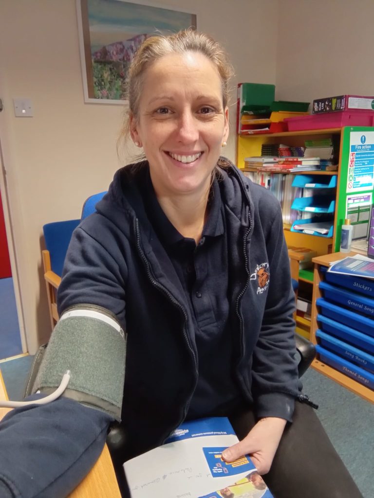 Sarah Atkins, Early Years Practitioner at Cutcombe School; 3,000th person to have their blood pressure checked as part of the Take the Pressure Off Campaign.